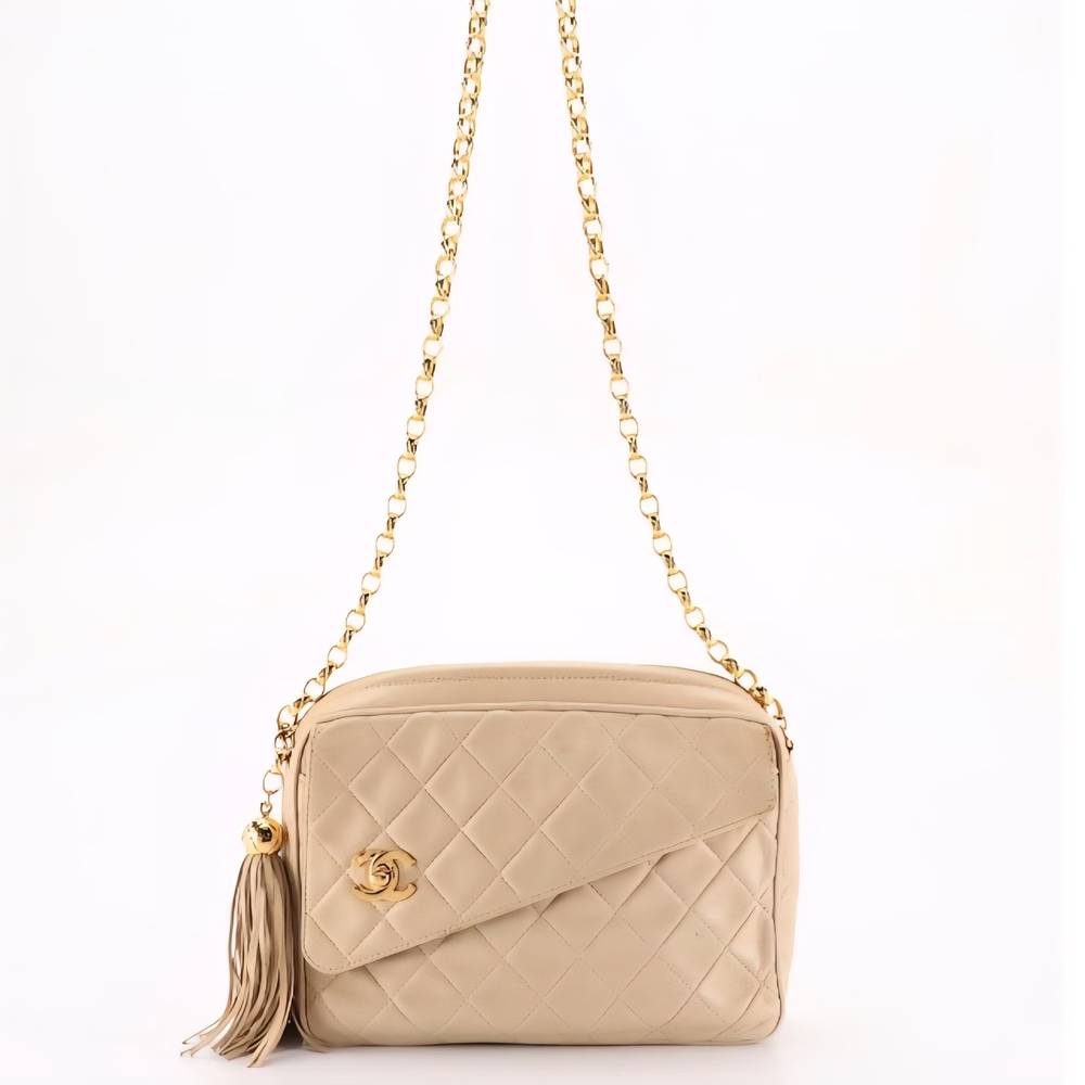 Chanel Chain Strap Tassel Zip Camera Bag in Beige W/ Card Of Authenticity